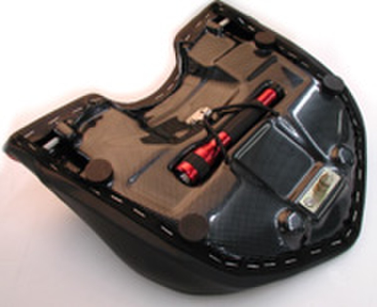 Sargent World Sport motorcycle seat underside with the Sargent flashlight feature for the Ducati Multistrada 2003-09 - rear seat only available with custom upholstery.